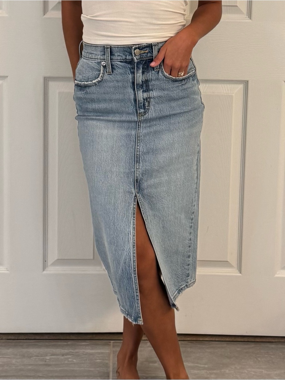 Universal Thread Light Wash Denim Midi Skirt with Front Slit